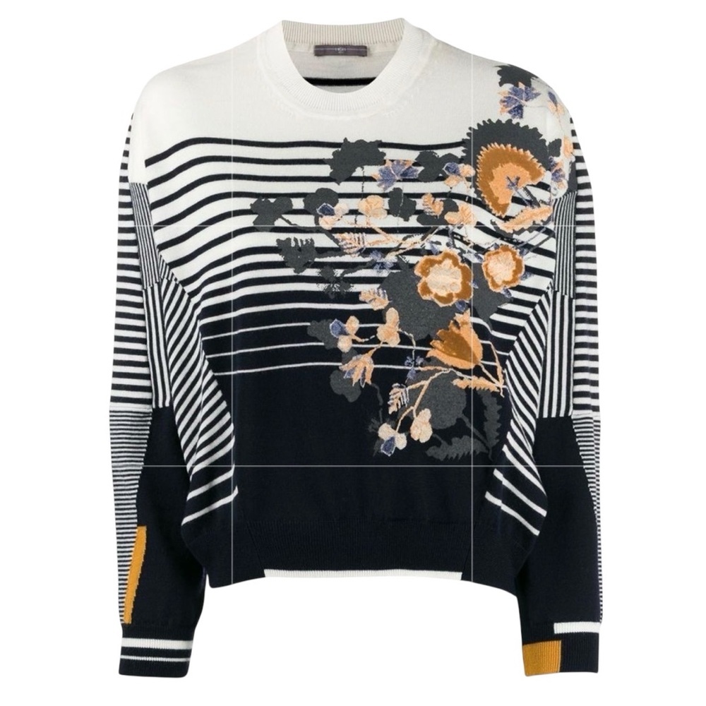 HIGH Made in ITALY 100% Virgin Wool Hand Painted Floral Striped Luxury Sweater
